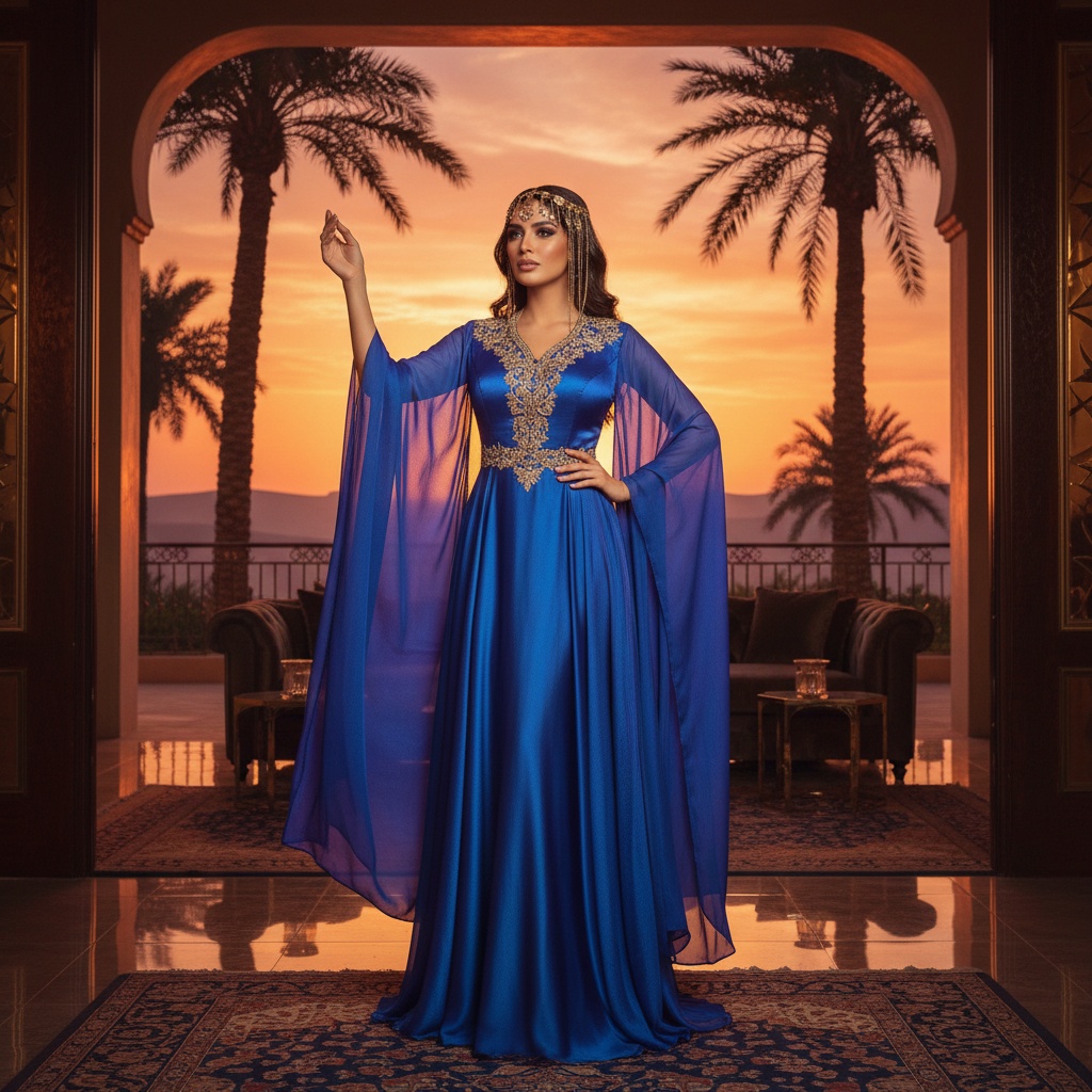Sarah, a 34-year-old Middle Eastern woman, stands poised in an opulent desert villa in the UAE, embodying the essence of a modern Bedouin queen. She is adorned in a floor-length gown of shimmering royal blue silk chiffon, with intricate gold embroidery along the neckline and flowing sleeves. An ornate gold headpiece embellishes her look, set against the vibrant hues of a sunset. The warm, ethereal lighting creates a dreamy halo around her, capturing her elegant pose with one arm gracefully raised and the other resting confidently on her hip. The luxurious setting, with mirrored surfaces and swaying palm trees, enhances the allure of this captivating portrait that merges tradition with modernity, inviting aspirational wonder.