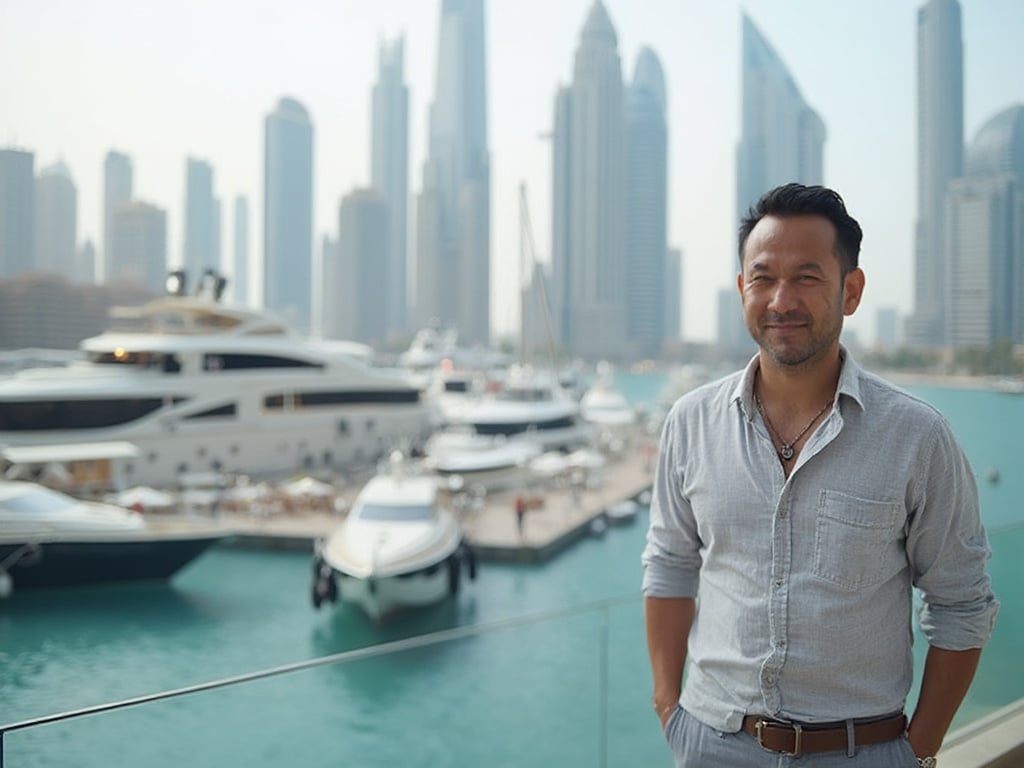David, a 40-year-old Asian male, stands confidently at Dubai Marina, overlooking the stunning skyline. He is casually dressed in a smart-casual outfit, embodying a relaxed yet stylish vibe. The marina is bustling with activity, with luxury yachts and modern architecture in the background, capturing the essence of Dubai's luxury lifestyle.