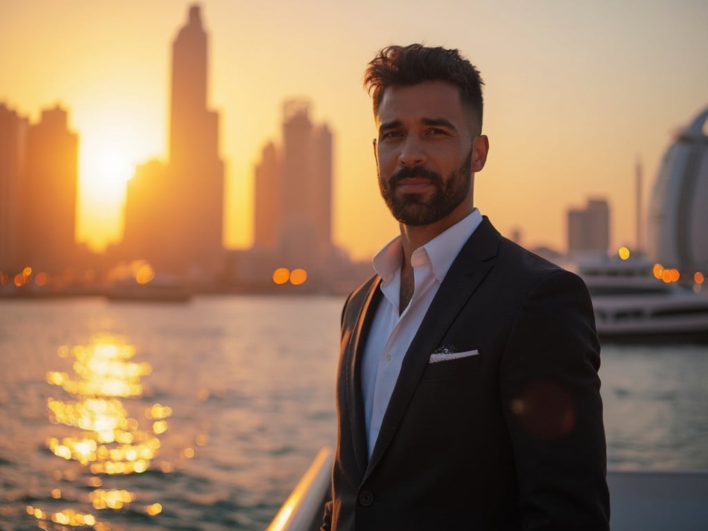 James, a 30-year-old Latin male, stands confidently at Dubai Marina. He is dressed in smart casual attire, with the stunning skyline of Dubai in the background. The scene captures a vibrant sunset, reflecting off the water, adding a warm glow to James's features. The ambiance is lively and luxurious, showcasing the modern architecture of the marina and the essence of the city.