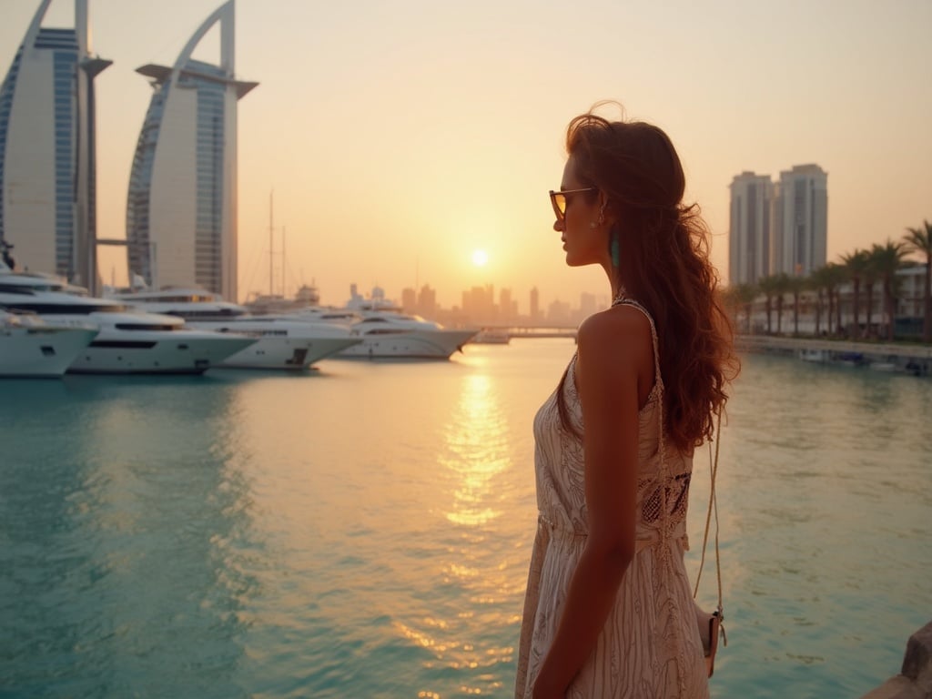 Jane, a 35-year-old Latin female, standing elegantly by the waterfront at Dubai Marina. She is dressed in a stylish summer outfit, exuding confidence as she gazes out at the luxurious yachts and skyscrapers. The setting sun reflects off the water, casting a warm glow, capturing the vibrancy and opulence of Dubai Marina. Her posture is relaxed yet poised, blending seamlessly with the upscale ambiance of the location.