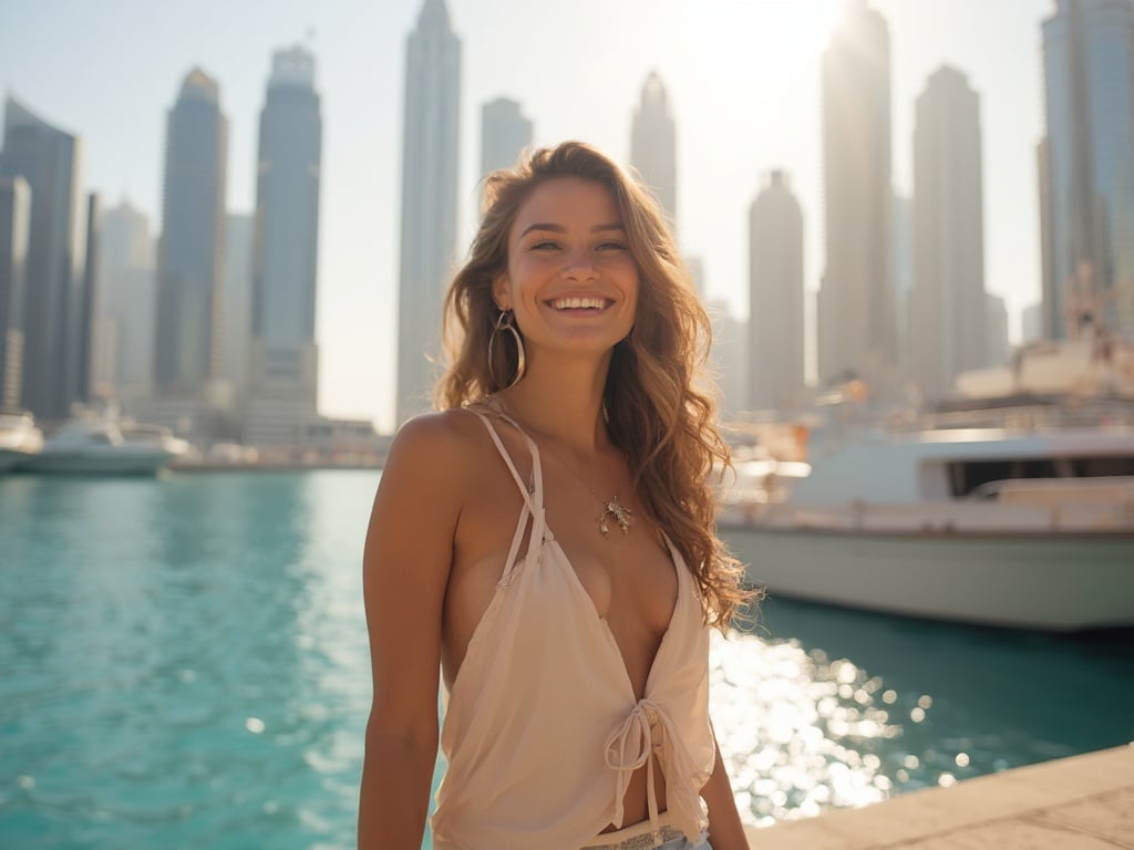 Olivia, a 30-year-old Middle Eastern woman, standing gracefully by the waterfront at Dubai Marina. She is dressed in stylish, contemporary attire, with the iconic skyline of Dubai Marina in the background. The scene is bathed in warm sunlight, illustrating the luxurious lifestyle of the area. Olivia's confident stance and expressive smile reflect the vibrant energy of the bustling marina, creating an engaging and lively atmosphere.