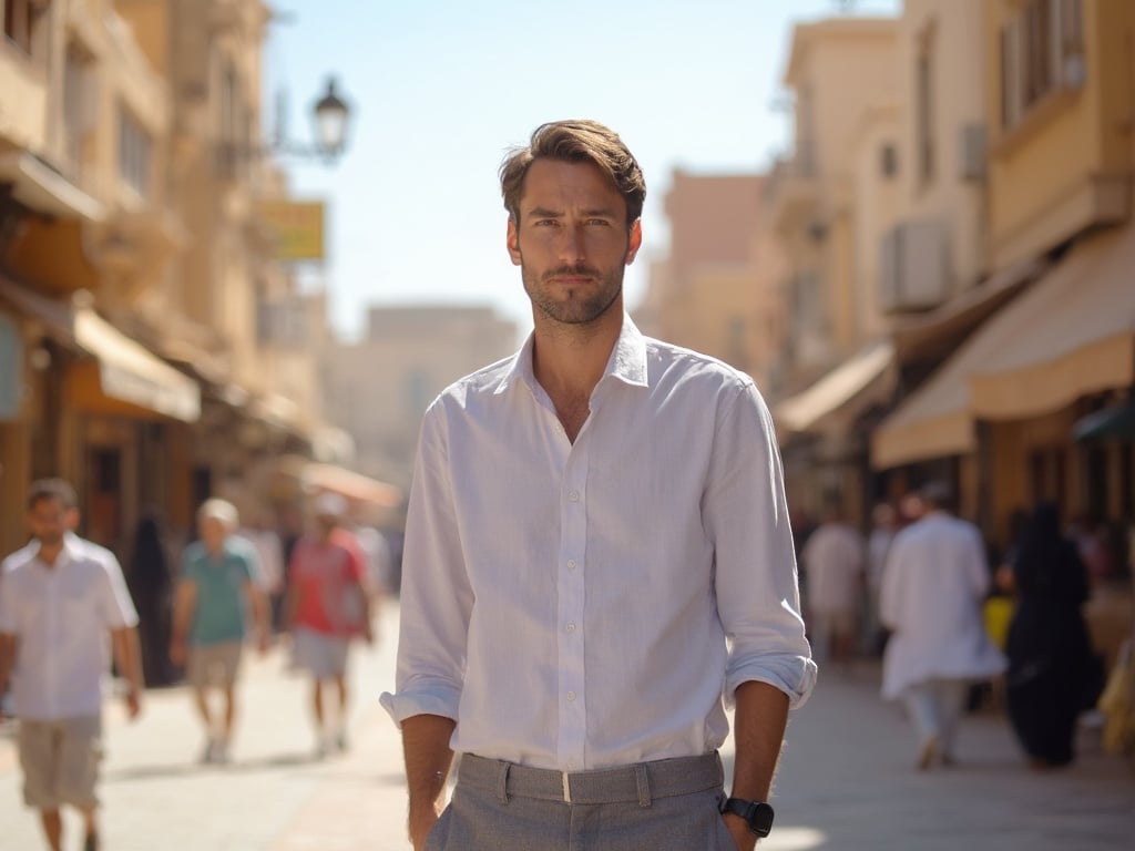 David, a 35-year-old Caucasian male, standing confidently in the vibrant streets of Sharjah, UAE. The backdrop showcases the rich culture with traditional architecture and lively street life. He is wearing a smart casual outfit, and the scene is set during an afternoon with clear skies, highlighting the unique beauty of Sharjah.
