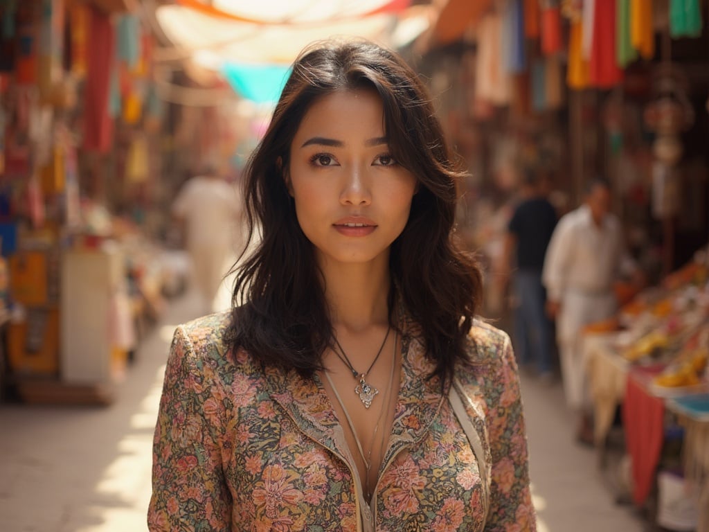 A 30-year-old Asian woman named Emily standing in a vibrant marketplace in Sharjah. She has medium-length hair styled elegantly and is dressed in contemporary Middle Eastern attire, showcasing the local culture. The scene is bustling with colorful market stalls, traditional decorations, and an array of spices and textiles, capturing the essence of everyday life in Sharjah, reflecting both energy and warmth.