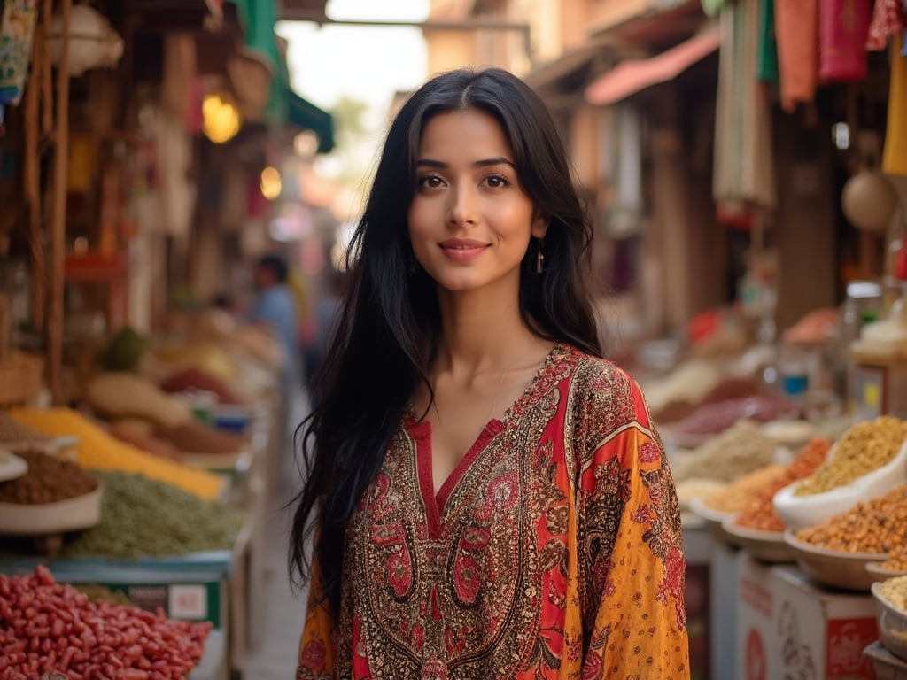 Olivia, a 40-year-old Asian female, with long black hair and warm brown eyes, is standing in a vibrant market setting in Sharjah. She's wearing a colorful traditional outfit that reflects the local culture, surrounded by stalls filled with spices, fruits, and textiles. The atmosphere is lively, capturing the essence of the bustling market life in Sharjah.