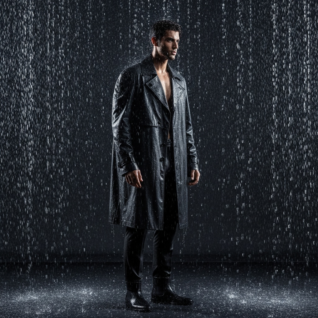 James, a striking Arab male figure, aged 28, stands in an enchanting Rain Room, embodying the modern, contemplative spirit of urban life. Dressed in an avant-garde oversized charcoal trench coat made from waterproof fabric, sleek tailored black trousers, and polished ankle boots glistening with droplets of water, he radiates sophistication and edge. The ambient light creates a haunting interplay of shadows and reflections, illuminating the water cascading around him like a living veil. Captured in serene introspection, beads of water glisten on his skin, enhancing his glowing cheekbones. His tousled hair, artfully disheveled, is kissed by the rain, while his intense gaze looks beyond the frame, suggesting a narrative steeped in longing. The chiaroscuro lighting emphasizes the dramatic contrast between his figure and the shimmering backdrop of falling water, evoking solitude, introspection, and a profound connection to the elements. A compelling piece for high-fashion editorial showcasing modern existence.