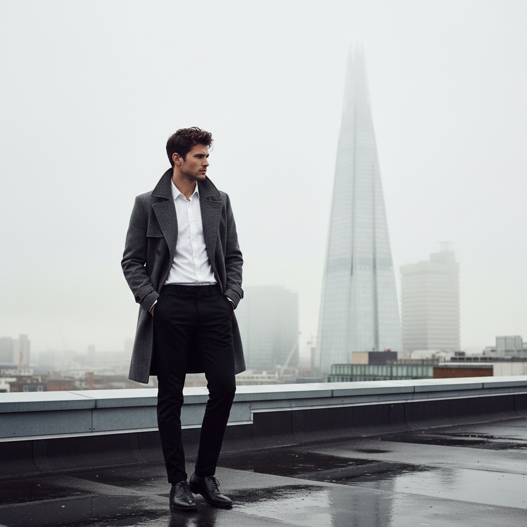 David, a 29-year-old male model, striking a pose on a misty London rooftop, showcases contemporary British style. He is dressed in a fitted charcoal-grey wool trench coat with tailored lapels over a crisp white dress shirt and slim black trousers, embodying sophistication. His polished black leather Oxfords complete the look. With tousled dark hair and a sharp jawline, he channels a modern James Dean vibe. The atmospheric backdrop features the iconic Shard piercing through soft fog. The subdued lighting enhances the melancholic beauty of the scene, as David gazes into the distance with a contemplative expression, embodying urban exploration and refined sophistication. The composition follows the rule of thirds, creating a visually engaging dynamic that reflects the emotional complexity of the modern British man. The editorial image speaks to style, identity, and the contemporary cultural landscape in the UK.