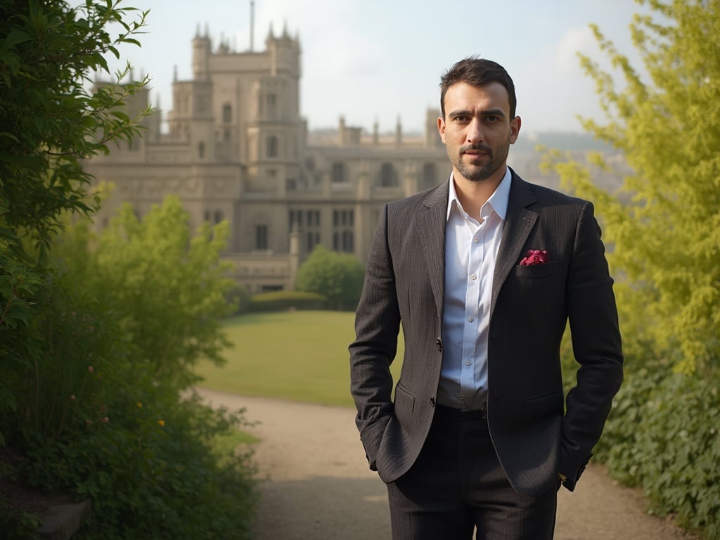 David, a 40-year-old Arab male, standing confidently in a picturesque UK setting, surrounded by lush greenery and historical architecture. His demeanor is relaxed yet assertive, dressed in smart casual attire that reflects his style. The surroundings are vibrant, showcasing the blend of nature and culture in the UK, with soft, diffused sunlight illuminating the scene.