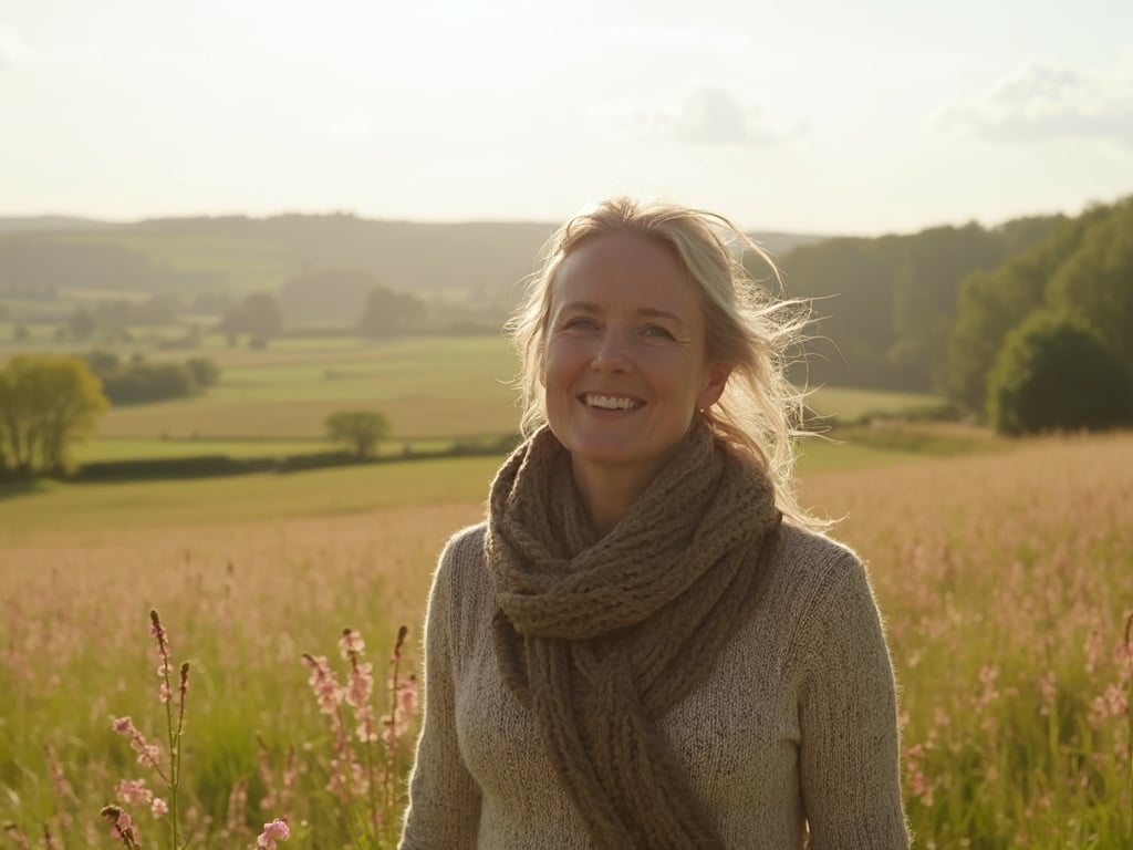 Jane, a 35-year-old white female, enjoying a serene morning in a typical UK countryside setting. She is wearing a cozy sweater and a scarf, with a gentle smile on her face as she walks through a picturesque landscape filled with lush green fields and blooming flowers. The sky is bright and clear, creating a warm and inviting atmosphere that reflects the beauty of rural England.