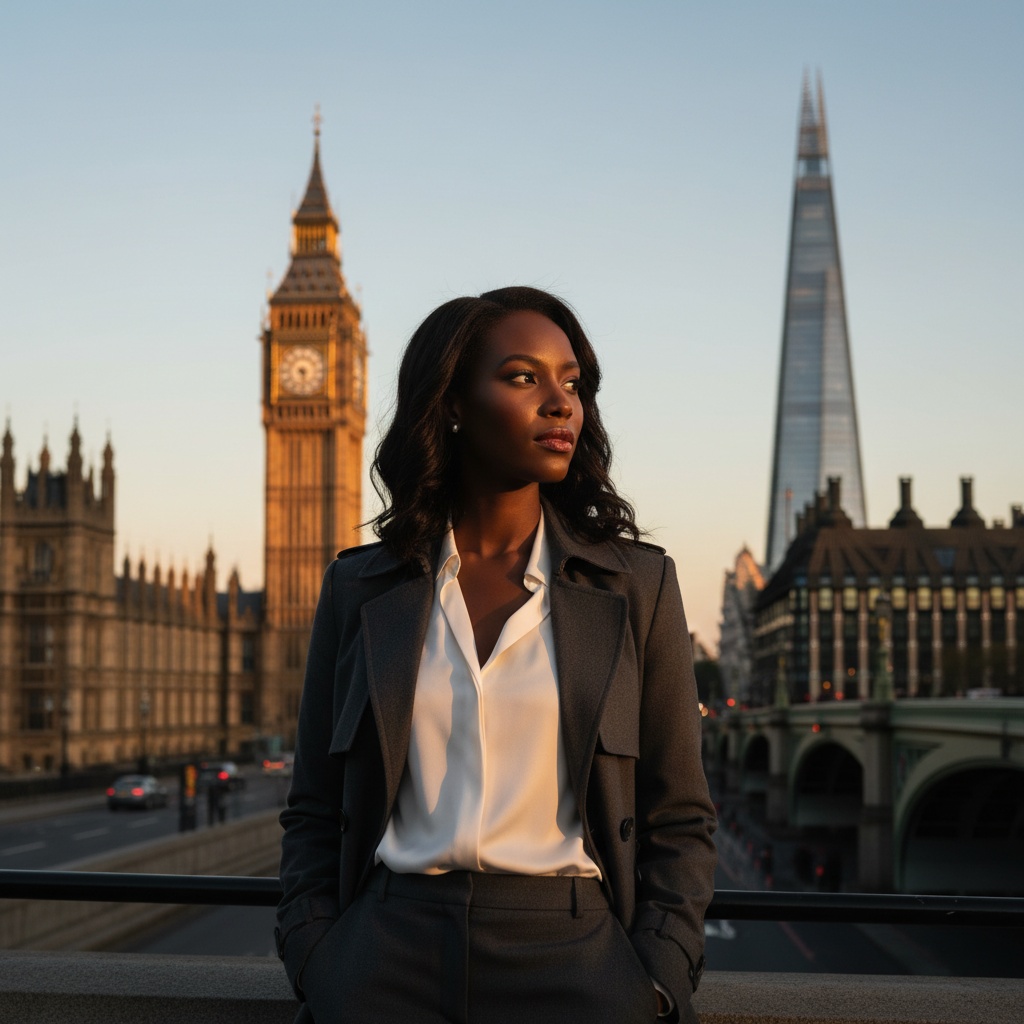 Jane, a striking 35-year-old Black woman embodying British sophistication, stands poised against the backdrop of London’s iconic skyline at dusk. She wears an exquisitely tailored charcoal trench coat, accentuating her silhouette, paired with a crisp white silk blouse. Her soft waves catch the fading light, highlighting her angular cheekbones as she gazes confidently into the distance. The warm golden glow from the setting sun illuminates Big Ben and the Shard in the background, while soft shadows enhance her commanding presence. The composition, using chiaroscuro techniques and the rule of thirds, captures a dynamic movement in this vibrant moment of London life.