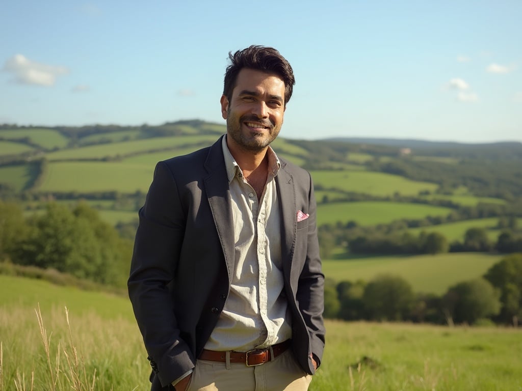 Michael, a 30-year-old Latin male, standing against a backdrop of the lush English countryside in the UK. He is dressed in smart-casual attire, embodying a blend of cultural heritage and contemporary style. The scene conveys a peaceful rural setting, capturing the essence of British nature, with rolling hills and a clear blue sky.