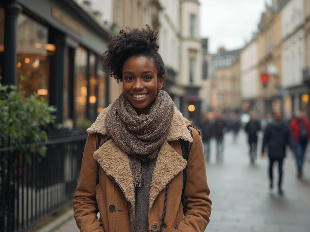 Olivia, a 25-year-old black female, is standing on a picturesque street in the UK. She is dressed in a stylish winter jacket with a scarf, showing a warm smile as she interacts with her surroundings. The setting features classic UK architecture and a hint of greenery, creating a vibrant and welcoming atmosphere.