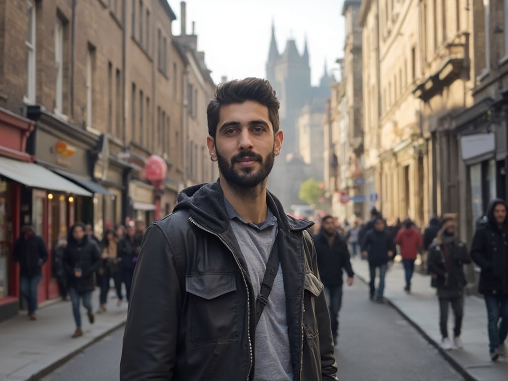 A 25-year-old Arab male named David standing in the historical streets of Edinburgh. He is dressed in modern casual clothing, with the iconic Edinburgh architecture in the background, including the castle at a distance. The setting is vibrant with people, showcasing the city's culture and history. The lighting is natural and warm, capturing a beautiful day in Edinburgh.