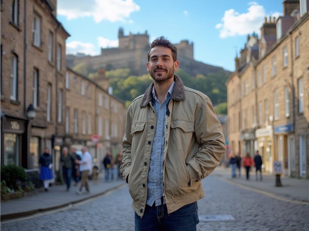 A 35-year-old Middle Eastern male named James standing in a picturesque setting in Edinburgh, with the iconic Edinburgh Castle in the background. He is dressed casually for a day out, with a light jacket and jeans, and has a warm smile as he takes in the historic surroundings. The scene captures the charm of the city with cobblestone streets and historic buildings under a clear blue sky, evoking a sense of exploration and culture.