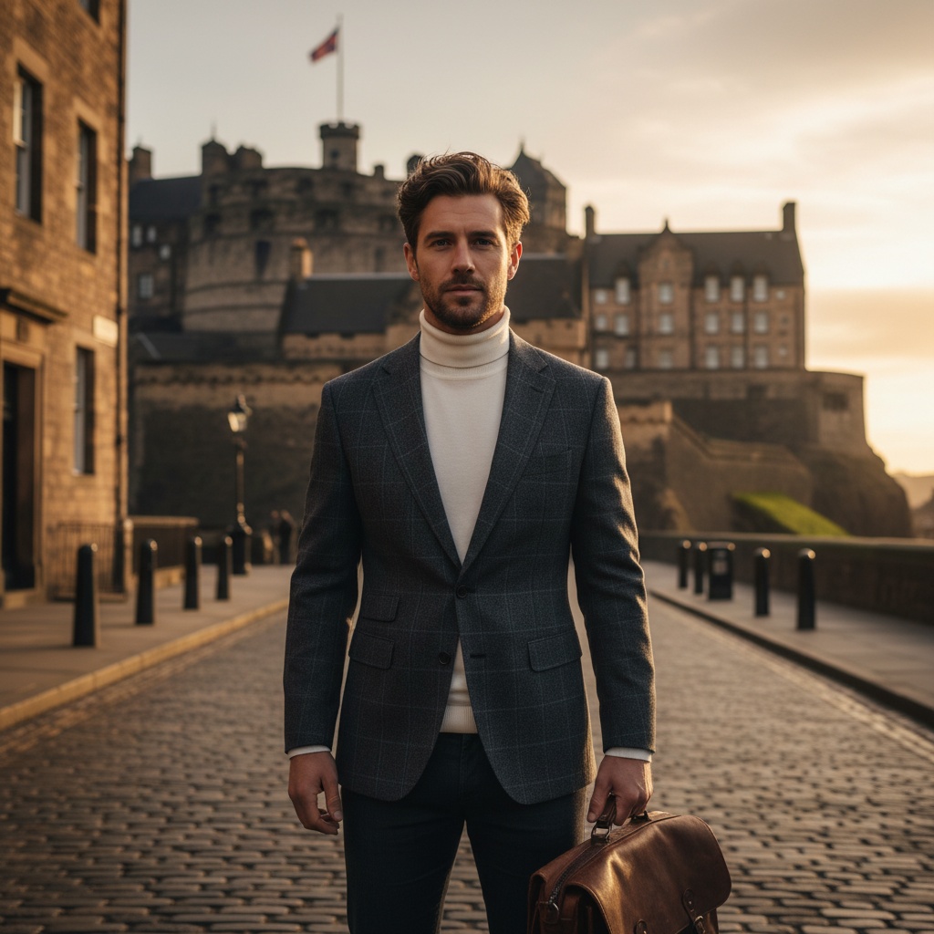 A striking portrait of John, a 24-year-old male, standing confidently on the cobblestone streets of Edinburgh. He's dressed in a tailored charcoal grey checked blazer over a crisp white turtleneck, embodying modern sophistication. His tousled hair and rugged charm contrast beautifully with the ancient architecture of Edinburgh Castle in the background. He holds an antique leather satchel, hinting at adventure and intellect. The setting sun casts a golden hue, enhancing the details of the historic surroundings and creating soft chiaroscuro lighting that adds depth and narrative to the composition.