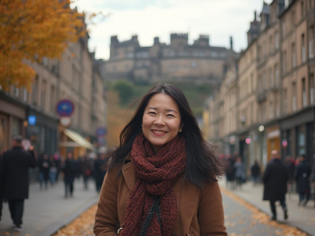 Sarah, a 35-year-old Asian woman, is walking through the historic streets of Edinburgh. She is dressed in a stylish coat, with the iconic Edinburgh Castle in the background. The scene captures a lively atmosphere, possibly during autumn with golden leaves on the ground, showcasing Sarah enjoying her surroundings with a warm smile. The photo emphasizes the blend of modern fashion with the rich history of the city.