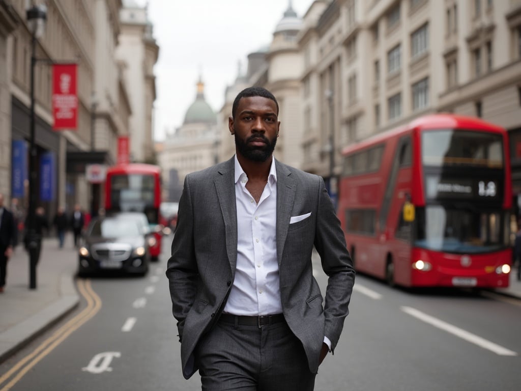 A 30-year-old black male, David, standing on a bustling street in London, dressed in a smart casual outfit. The background features iconic London architecture, such as red double-decker buses and historic buildings. The scene captures the vibrant energy of the city, with David looking confidently into the camera, showcasing both the modernity and history of London.
