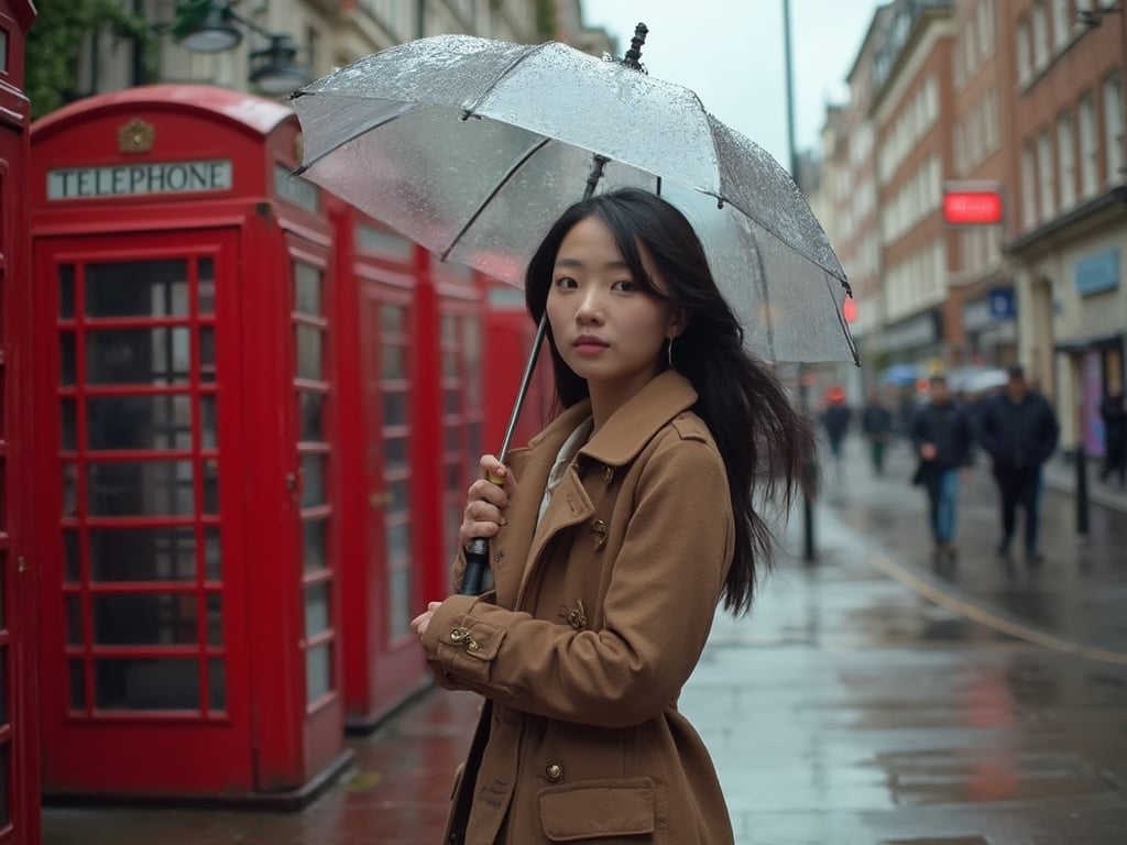 A 35-year-old Asian female, Sarah, standing on a bustling street in London, dressed in a stylish coat with an umbrella in hand, showcasing the charm of a rainy day. The backdrop features iconic London architecture, including red phone booths and traditional brick buildings, highlighting the vibrant life of the city. Her expression is thoughtful, embodying the spirit of adventure in an urban setting.