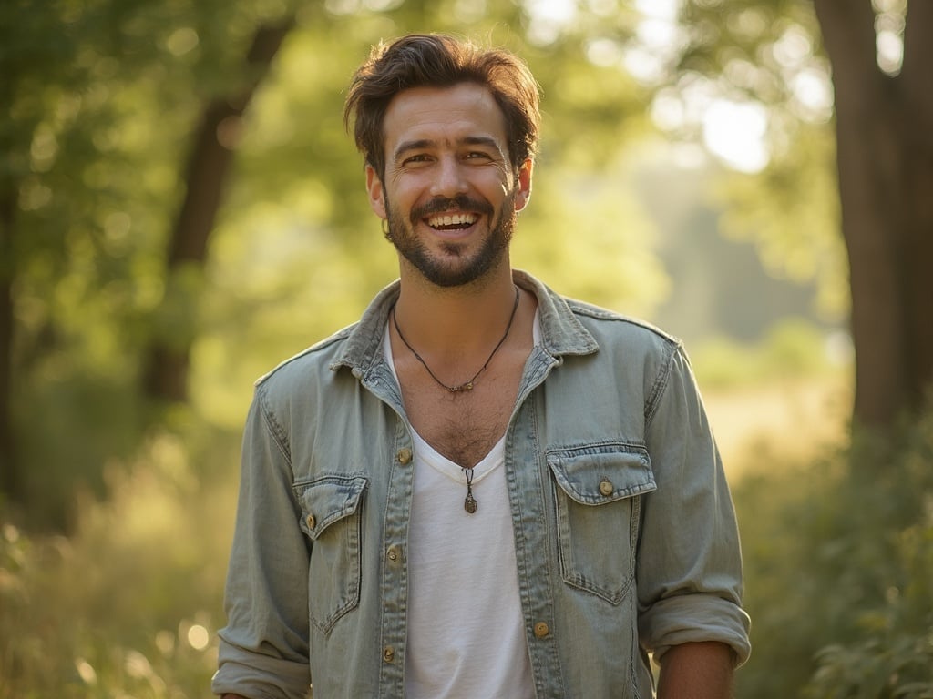 David, a 35-year-old Latin male, stands confidently in a scenic outdoor setting in the USA, surrounded by natural beauty. He wears a casual yet stylish outfit that reflects a relaxed summer vibe. The sunlight filters through the trees, casting dappled shadows on him. His expression is inviting and warm, embodying the essence of American outdoor life.