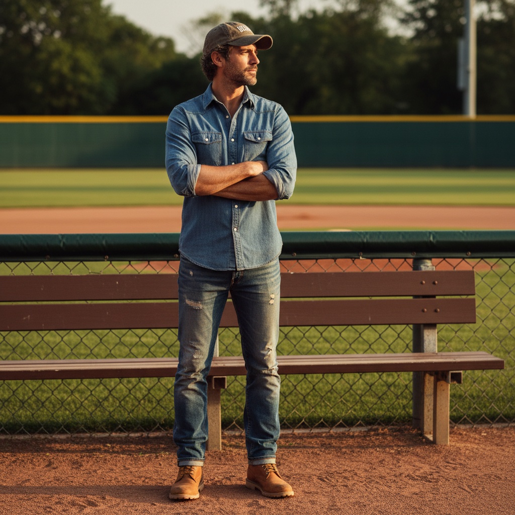 James, a striking 33-year-old Middle Eastern male figure, embodies the rugged charm of Americana on a sun-soaked baseball field. He stands tall in a vintage-inspired chambray shirt, rolled sleeves, and distressed denim jeans, complemented by weathered leather boots and a vintage baseball cap over sun-kissed hair. The scene captures the essence of a summer evening in the USA, with golden light highlighting his attire, a classic wooden bench, and a soft-focus baseball diamond in the background. His relaxed confidence, arms crossed and contemplative expression, reflects dreams and future endeavors amidst the vibrant greens of the field. This image captures serene authenticity celebrating the American spirit with a modern twist, perfect for a high-end fashion magazine.