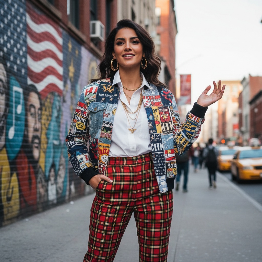 Jane, a striking Arab woman aged 28, embodies modern femininity and the spirit of Americana against a vibrant urban landscape. She stands confidently in a bold patchwork bomber jacket made of denim and canvas, with eclectic graphics celebrating American pop culture. Her crisp white cotton shirt and high-waisted tartan trousers create a vivid contrast, while bright-red chunky platform sneakers add a playful edge. With oversized gold hoop earrings and layered chain necklaces, she radiates punk-infused glam. The bustling street scene behind her features graffiti murals, capturing the rhythmic energy of city life. Her pose—one hand tucked into her pocket and the other raised invitingly—exudes optimism and rebellion. The soft, diffused lighting enhances her features, spotlighting her as she claims her space within the American landscape with a confident smile, symbolizing freedom and individuality.