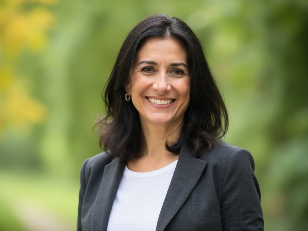 A portrait of Jane, a 40-year-old Middle Eastern female, standing confidently in a serene outdoor setting in the USA. She has shoulder-length dark hair and a warm smile, dressed in casual, smart clothing that reflects her personality. The background features soft greenery, suggesting a peaceful and inviting atmosphere, highlighting Jane's approachable nature and connection to her environment.