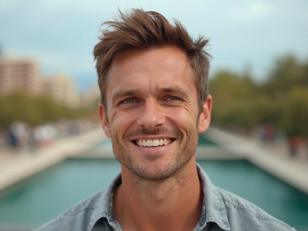 A portrait of John, a 35-year-old Caucasian male, set against a scenic backdrop of a typical American landscape, perhaps in a park or urban area in the USA. He has short brown hair and a warm smile, dressed casually, reflecting an approachable and friendly demeanor. The lighting is natural, with soft shadows indicative of a sunny day, capturing the essence of a vibrant American life.
