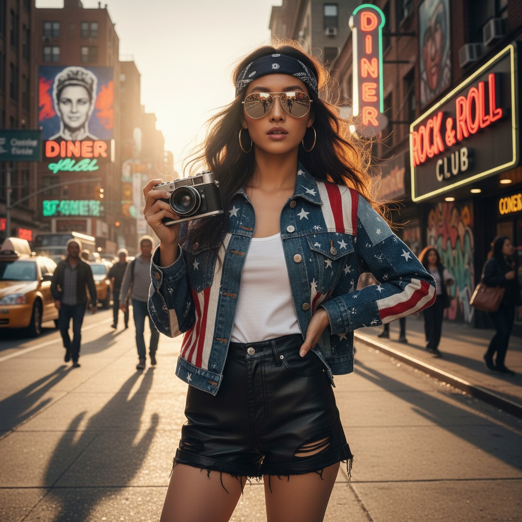 Olivia, a striking Asian female model aged 25, embodies the spirit of modern Americana in a vibrant editorial shoot on a bustling city street. She exudes a playful yet fierce energy reminiscent of the 1970s punk scene, dressed in a bold patchwork denim jacket with embroidered stars and stripes, paired with a fitted white cotton tee and high-waisted, distressed leather shorts. Her long, tousled hair flows in the wind, accented by a vintage bandana and oversized sunglasses. One hand is on her hip while she holds a retro camera in the other, radiating a free-spirited vibe. The urban backdrop features graffiti murals and iconic American signage, illuminated by the warm golden hour sunlight, creating dramatic shadows and a colorful tapestry that celebrates cultural diversity, capturing a narrative of youthful rebellion and empowerment. The photo encapsulates a fashion moment against the backdrop of the American dream.