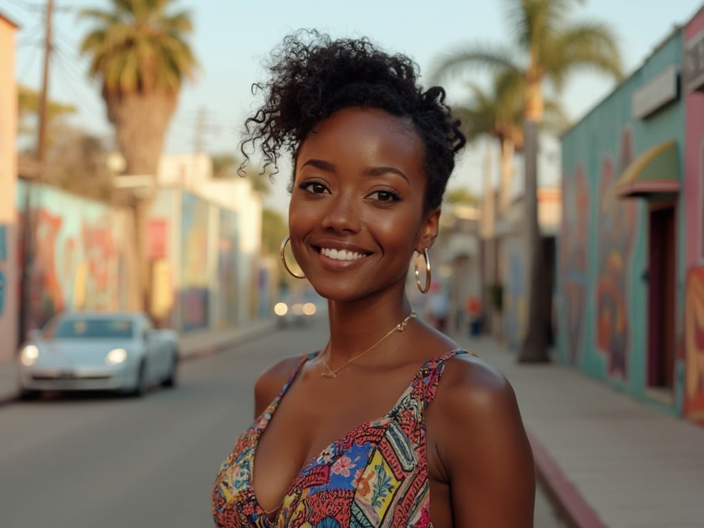 A portrait of Sarah, a 35-year-old black female, standing confidently in a vibrant Los Angeles setting. She is styled in a modern outfit reflecting the city's trendy vibe, with soft afternoon sunlight casting a warm glow on her face. The background captures elements of the Los Angeles lifestyle, like palm trees and colorful street art, embodying the dynamic culture of the city.