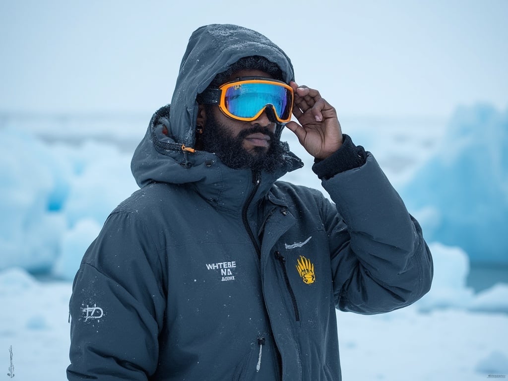 James, a 30-year-old Black male, suited up for Arctic exploration, adjusting his goggles while standing against a backdrop of vast, snowy landscapes and ice formations. He is dressed in a warm, high-tech winter jacket, showcasing a determined expression as he prepares for the adventure ahead. The icy blue and white surroundings highlight the extreme conditions of the Arctic, capturing both the challenge and beauty of this remote setting.