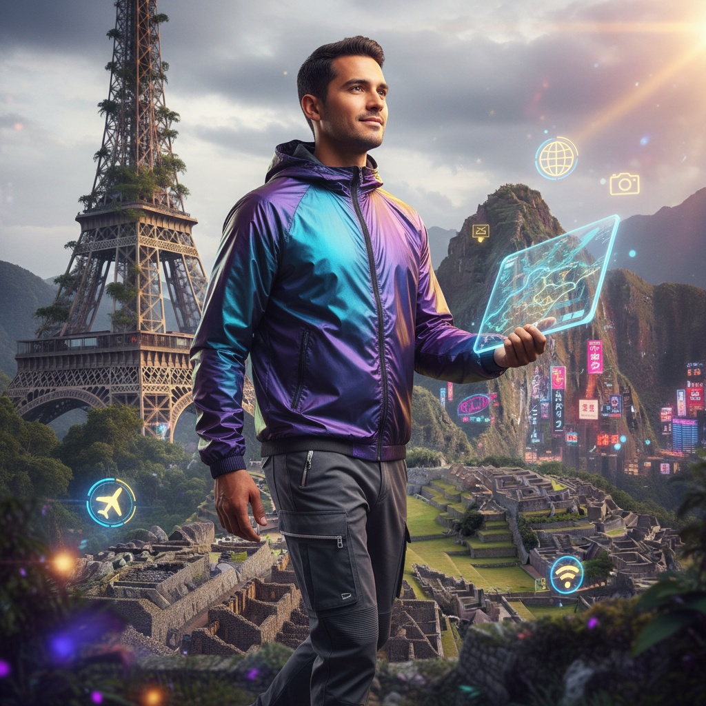 John, a 27-year-old male adventurer of Latin descent, stands poised in a digitally enhanced landscape, embodying the spirit of virtual exploration. He wears a stylish, iridescent nylon jacket that shifts colors with light and tailored cargo pants merging functionality and fashion. Relaxed yet confident, he holds a futuristic tablet displaying a holographic map of unknown terrains. The backdrop artfully combines the Eiffel Tower emerging from a jungle with Tokyo's neon glow and Machu Picchu's ancient ruins. Ethereal lighting with soft lens flares casts rich purples and warm golds, creating a dreamlike atmosphere of curiosity and aspiration. Augmented reality icons float around him, inviting viewers to embrace boundless travel possibilities. The image captures contemporary wanderlust and digital adventure, reflecting the essence of exploration in a vibrant world.