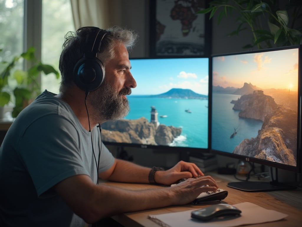 A 40-year-old white male, John, engaged in a virtual travel experience. He is seated at a modern desk, wearing a casual t-shirt and headphones, with a large screen displaying a beautiful landscape of a famous travel destination. The setting is well-lit, with plants and travel memorabilia in the background, conveying a sense of exploration and adventure, while having a contemporary and comfortable atmosphere.