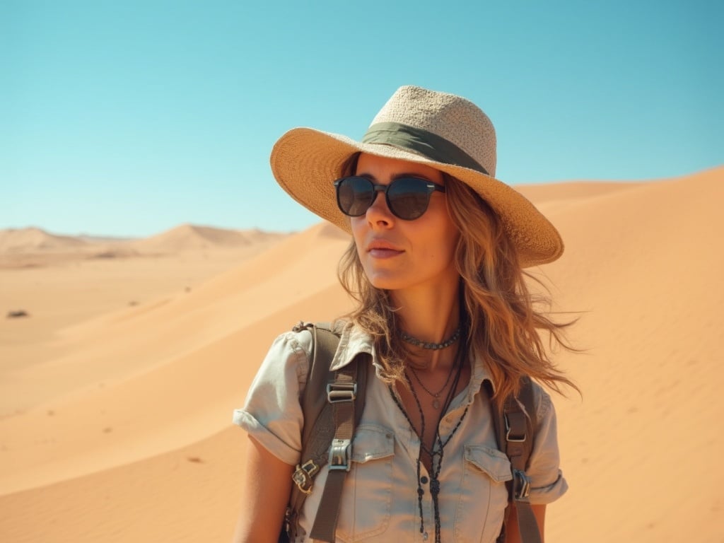 Jane, a 35-year-old Caucasian female, prepares for a Desert Expedition. She is wearing a practical yet stylish outfit suitable for the arid environment, including a wide-brimmed hat and sunglasses. The background features rolling sand dunes under a clear blue sky, capturing the essence of exploration and adventure in the desert.