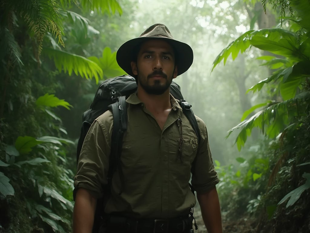David, a 30-year-old Asian male, immersed in a dense jungle environment during an adventure. He is wearing a rugged outdoor outfit suited for exploration, complete with a hat and backpack. The background is rich with lush greenery, exotic plants, and the sounds of nature, encapsulating the thrill and excitement of jungle adventures. The lighting is filtered through the thick canopy above, creating a dappled light effect on David's focused expression as he navigates through the wilderness.