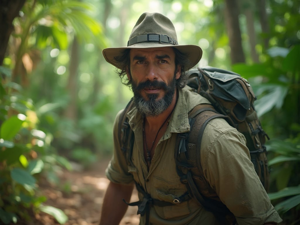 James, a 40-year-old Middle Eastern male, is adventuring through a lush jungle setting. He is dressed in rugged outdoor attire, complete with a hat and equipped with a backpack for exploration. The background features vibrant green foliage, exotic plants, and the sounds of wildlife, encapsulating the spirit of adventure. The scene conveys a sense of discovery and connection with nature in this captivating jungle environment.