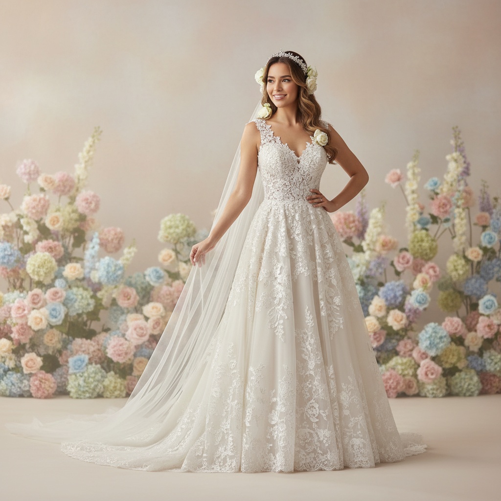 A smiling bride in a lace wedding dress stands gracefully with a flowing veil and floral accessories, surrounded by a colorful floral backdrop.