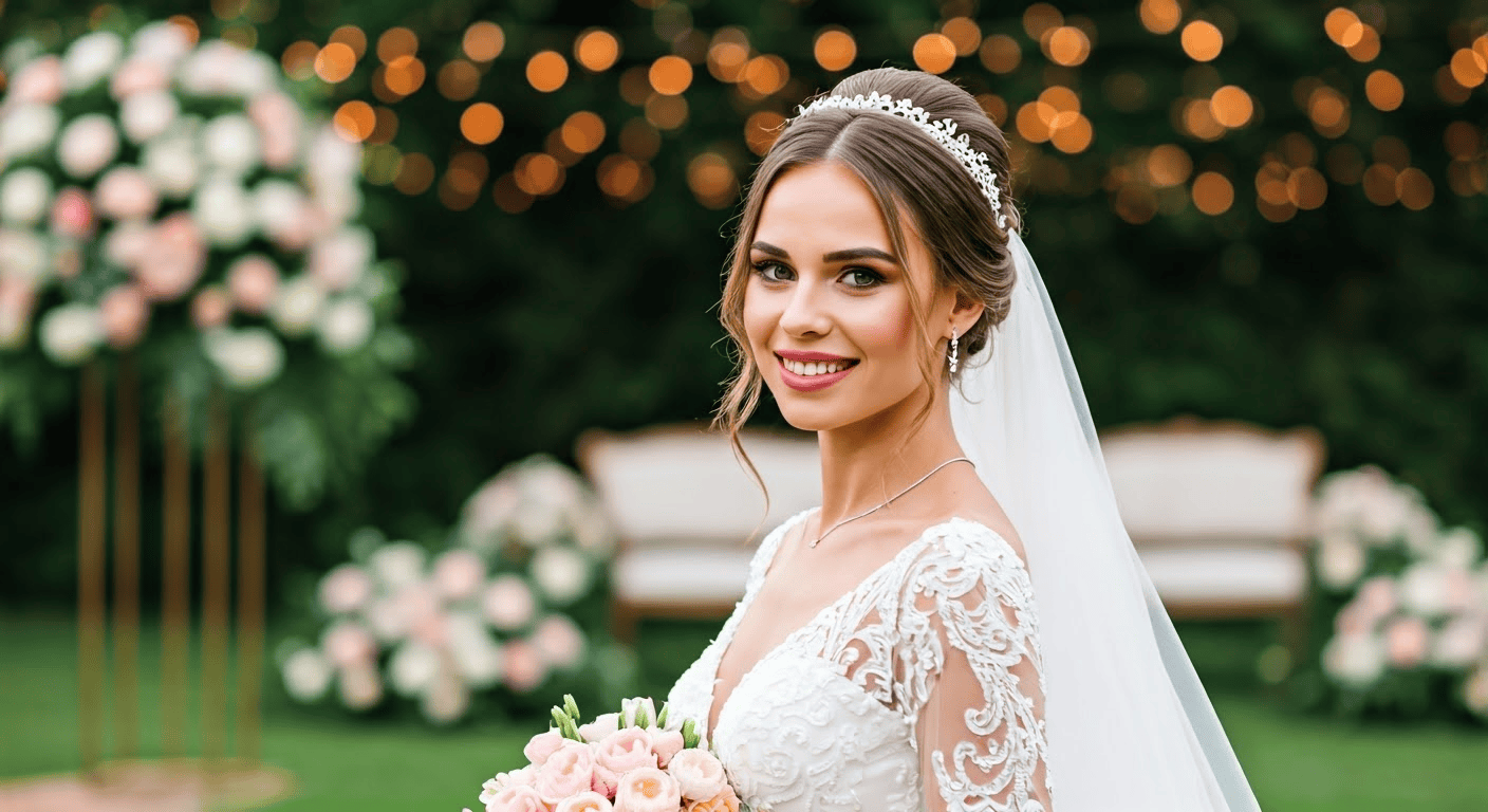 Bride in elegant wedding dress holding a bouquet of pink roses, smiling against a backdrop of floral arrangements and soft twinkling lights.