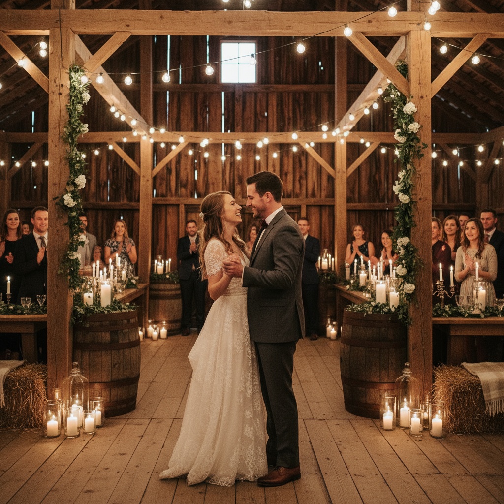 Bride and groom dancing in a beautifully decorated barn during their wedding reception, surrounded by guests, candles, and warm string lights.