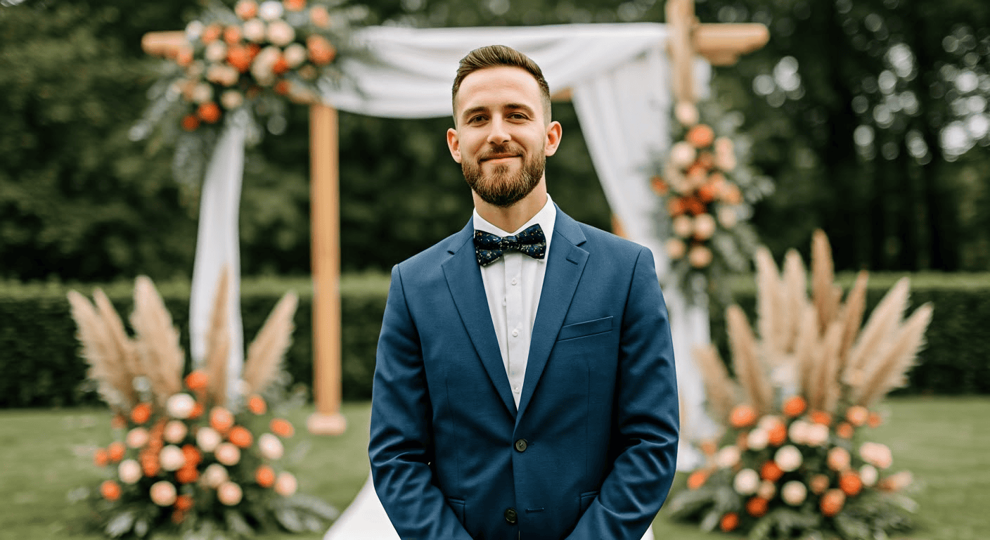 Smiling groom in a blue suit and bow tie, standing in front of a beautifully decorated wedding arch with floral arrangements.