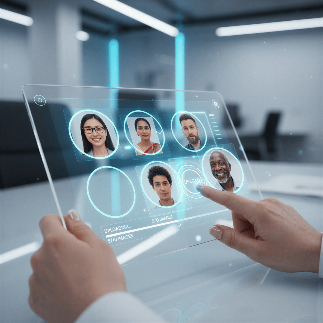 Close-up of hands interacting with a sleek, modern tablet displaying diverse selfie photos of a couple for AI processing.
