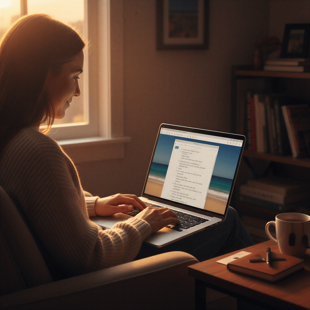 Person thoughtfully typing detailed memories of a proposal into a text input field on a laptop.