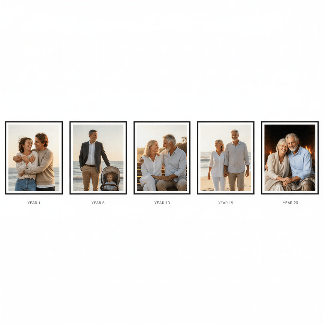Hyper realistic, photo-realistic style, sharp focus, detailed lighting. A sophisticated visual timeline display. Show five distinct, professionally styled couple portraits arranged chronologically (e.g., a 3x5 grid). Each portrait subtly reflects a different stage of life/age progression, illustrating the visual growth of the relationship over two decades. Clean white background for focus.