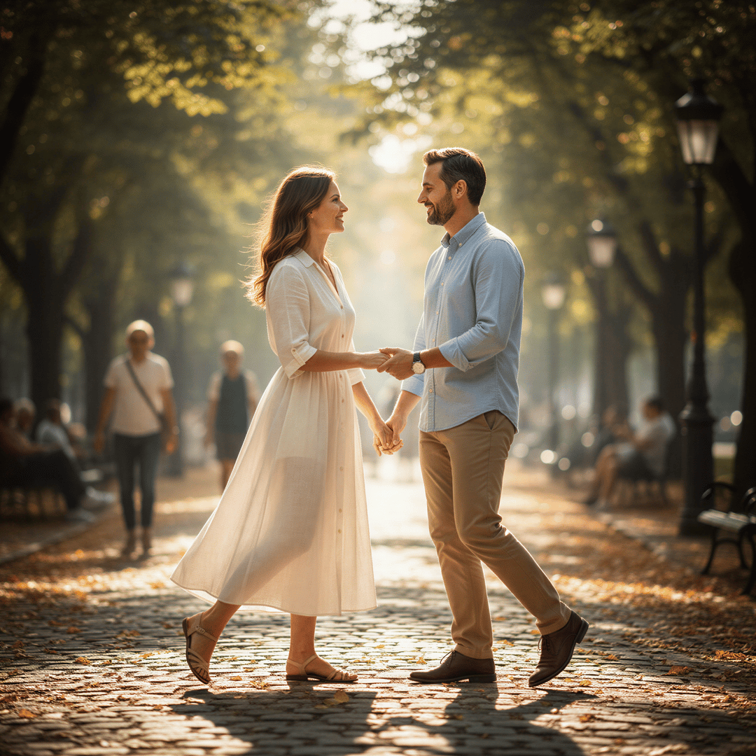 Hyper realistic, photo-realistic style, sharp focus, detailed lighting. A couple taking a genuine, silent pause while walking outdoors (perhaps a park path), facing each other and holding hands, smiling softly. The scene captures a moment of intentional connection amidst movement. Bright, natural daylight.