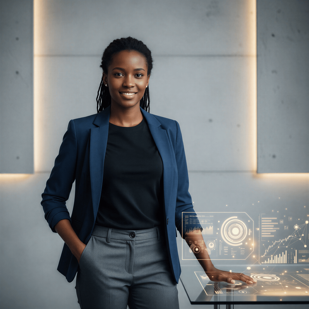 A modern headshot of a young professional wearing a smart blazer over a dark crew neck, set against a minimalist, slightly textured concrete background.