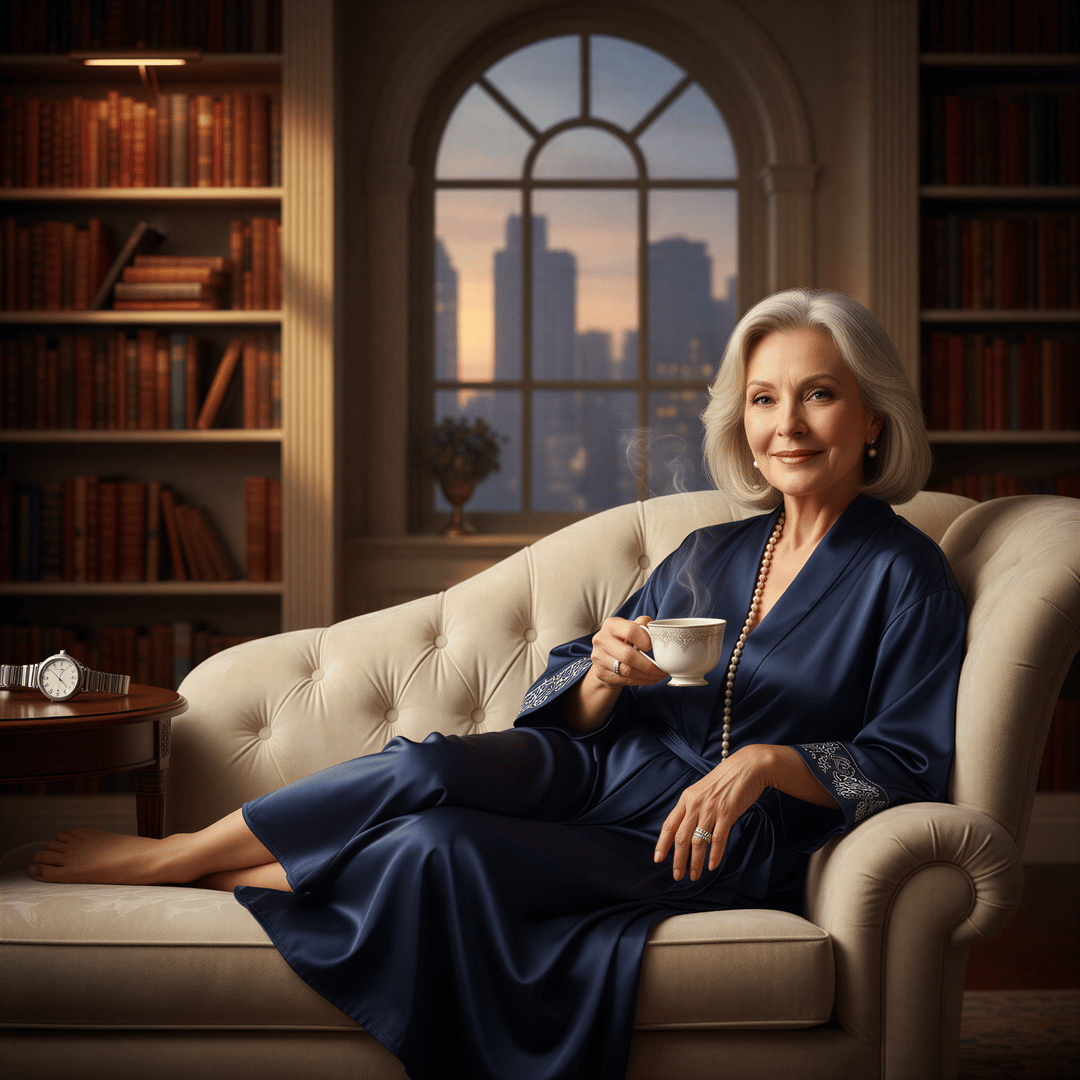 Woman celebrating retirement or a major career achievement in a luxurious boudoir setting symbolizing accomplishment and freedom.