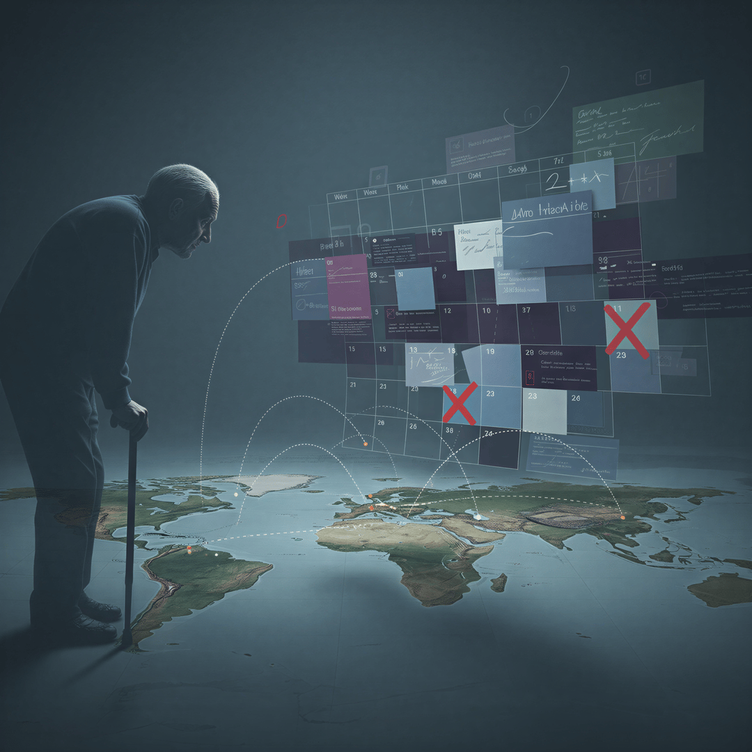 Visual representation of complex family coordination: a globe with connection lines, conflicting calendar dates, symbolizing multi-generational portrait logistics.