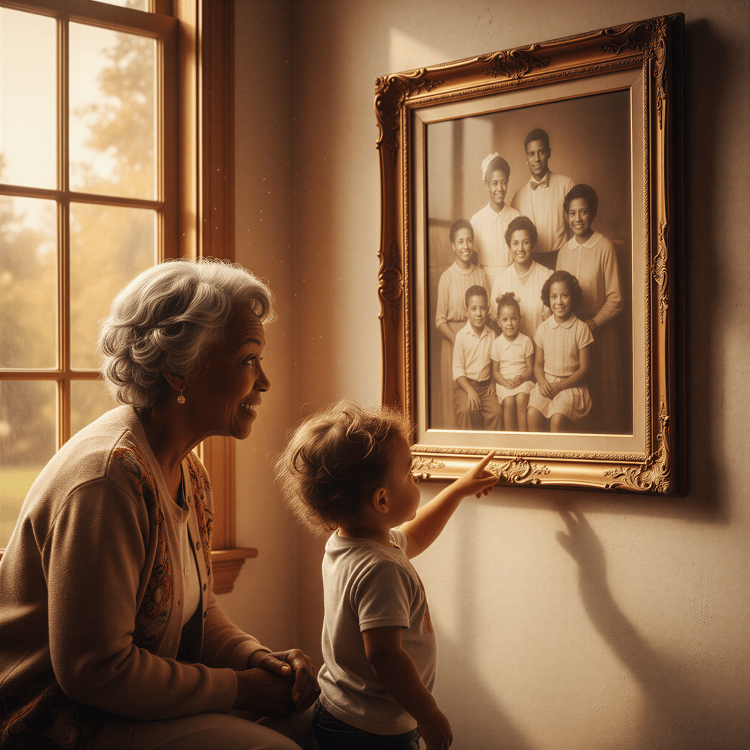 An emotional, warm-toned image. A tender moment between a smiling, elderly woman (perhaps African descent) and a curious toddler, both looking at a large, professionally framed multi-generational portrait hanging on a wall. Focus on connection and the passing down of memory. Golden hour lighting filtering in from a window.