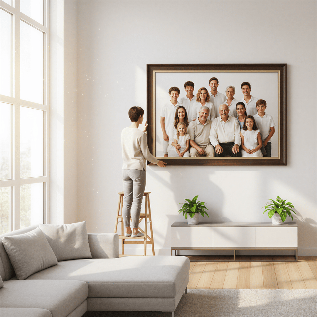 Hyper realistic, photo-realistic style with sharp focus and detailed lighting. A bright, modern living room interior setting. A person (unspecified gender, focused on action) is carefully hanging a large, high-quality framed multi-generational legacy portrait onto a clean white wall. The portrait itself is the focal point. Bright, optimistic lighting, suggesting the portrait is now a cherished part of the home.