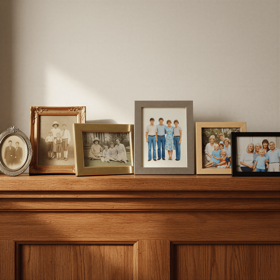 A visual timeline graphic displaying framed photos of ancestors, symbolizing historical documentation and visual family history.
