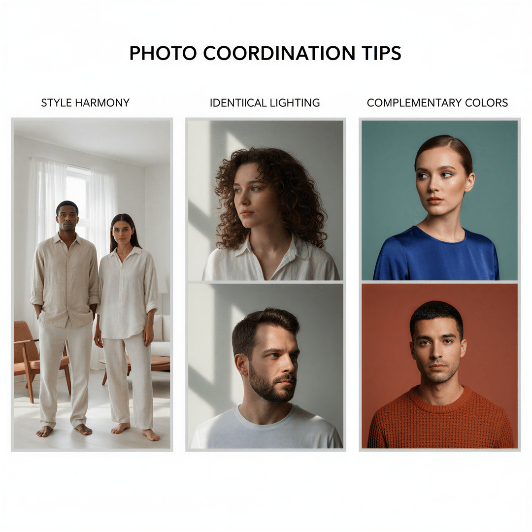 Hyper realistic, photo-realistic triptych image illustrating photo coordination tips. Panel 1 shows two people in subtly similar styles of clothing (e.g., linen shirts). Panel 2 shows two separate portraits lit identically by directional window light. Panel 3 shows two portraits using complementary but non-matching color palettes (e.g., deep blue and burnt orange). Clean, bright lighting. Focus on clarity of example.