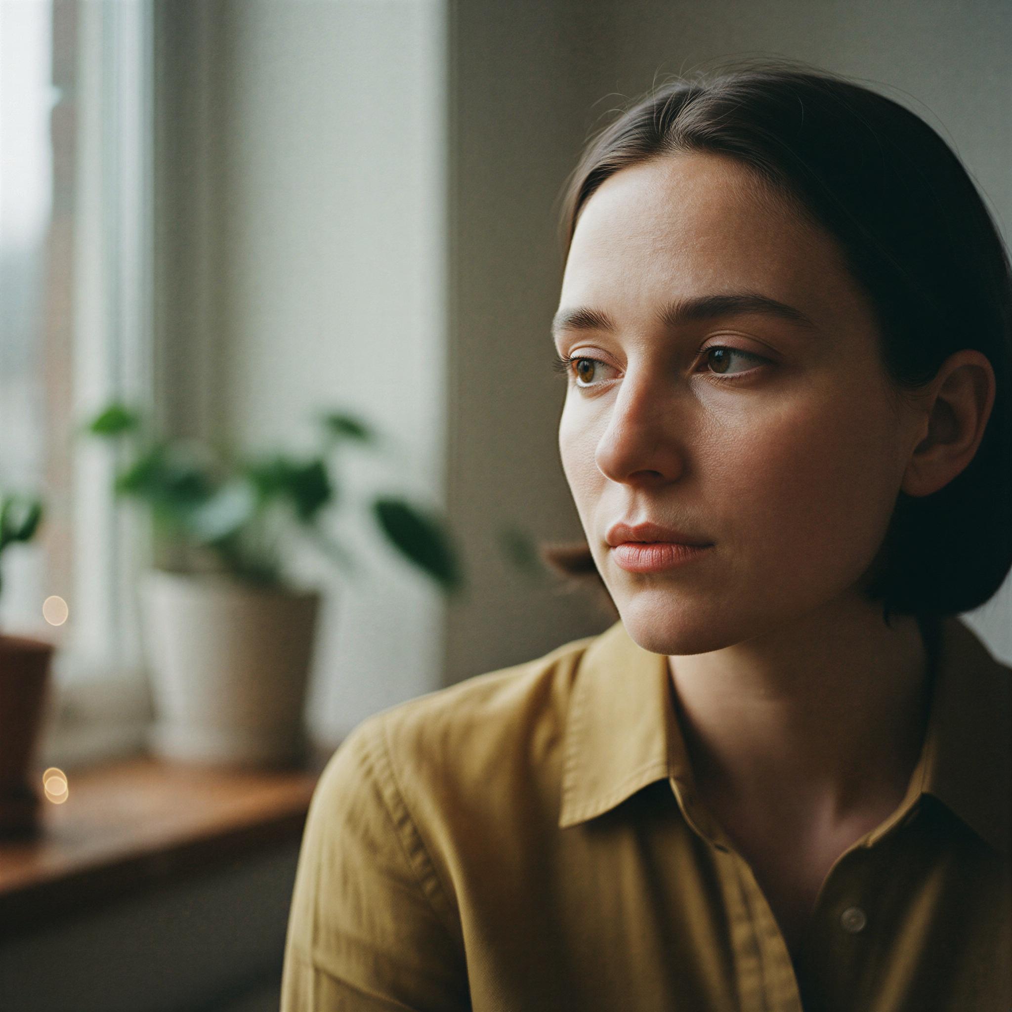35mm film aesthetic photography, intimate natural portrait, diffused window light highlighting soft skin texture, subtle film grain, muted earth tones palette, quiet contemplative mood, shallow depth of field, candid unposed moment, authentic analog capture, high-resolution magazine editorial quality